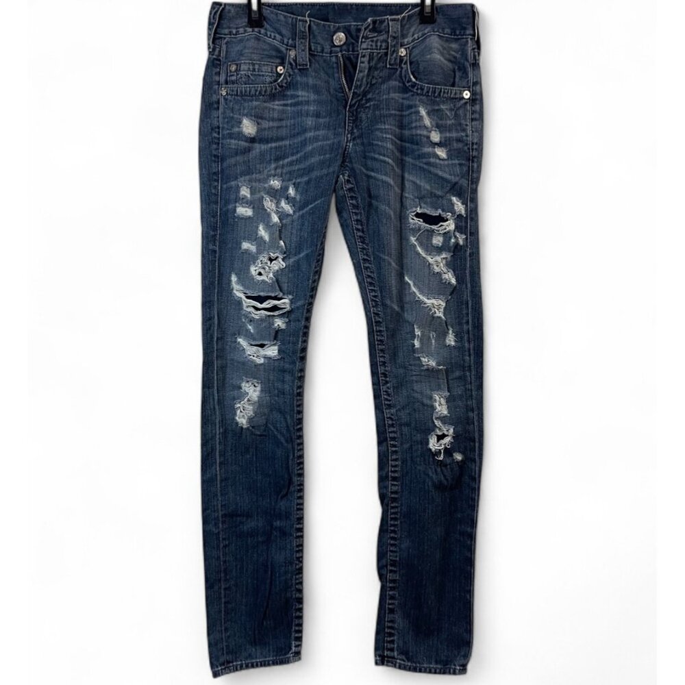True Religion Blue Denim Slim Fit Jeans With Rips & Faded Detailing - Casual Sty